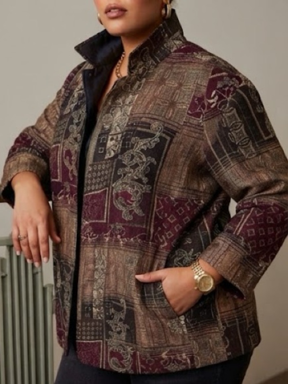 Dress Barn Plus-Size Patchwork Blazer in Burgundy and Taupe Size: 22/23